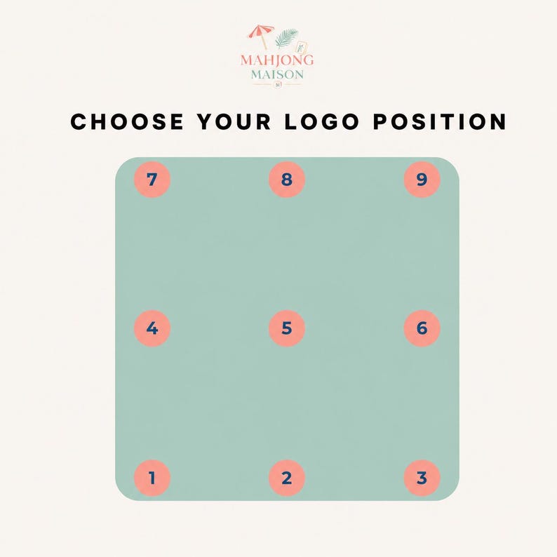 May include: A light green square graphic featuring the text "CHOOSE YOUR LOGO POSITION" and the "MAHJONG MAISON" logo. Nine pink circles numbered one through nine are arranged in a three-by-three grid pattern to indicate placement options.