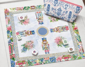 Chinoiserie Christmas Neoprene Mahjong Mat, Blue White Floral Garden Game Mat, Nutcracker Soldier Design, Luxury American Mahjong Cover