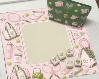 Preppy Pink Tennis Club Mahjong Mat with Free Bag - Pastel Pink Green Summer Vibe Style - Grandmillennial Palm Beach Chic Custom Game Pad