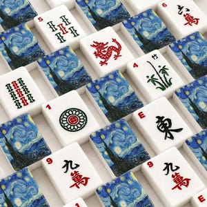 May include: A collection of white mahjong tiles featuring a blue and yellow swirling night sky art print on the back. The front of the tiles display various red, green, and black Chinese characters, numbers, and symbols including a red dragon icon.