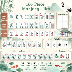 May include: A 166-piece Mahjong tile set display featuring Dots, Bams, Cracks, Flowers, Winds, Jokers, and Dragons. The tiles are organized in rows with numerical and character markings in red, green, and black ink on white rectangular surfaces.