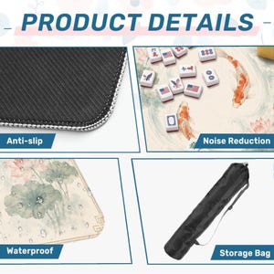 May include: A product details graphic with four sections. The top left shows the anti-slip underside of a mat. The top right shows mahjong tiles on a mat with koi fish. The bottom left shows a waterproof mat. The bottom right shows a storage bag.