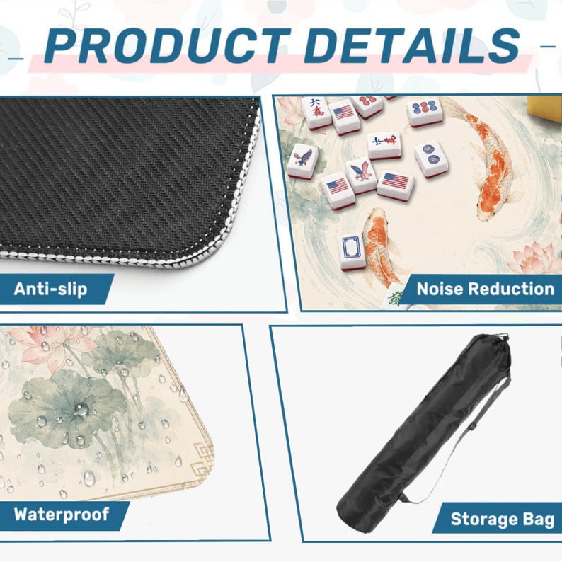 May include: A product details graphic with four sections. The top left shows the anti-slip underside of a mat. The top right shows mahjong tiles on a mat with koi fish. The bottom left shows a waterproof mat. The bottom right shows a storage bag.