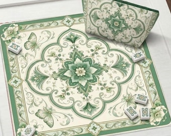 Tapete de Mahjong con Mariposa de Jade y Diseño Floral, Decoración de Mahjong con Arte de Jardín Verde, Funda Protectora de Mesa con Reducción de Ruido, SE ENVÍA ENROLLADO