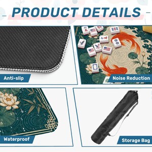 May include: A mahjong mat featuring a dark green background with orange koi fish, lotus flowers, and bamboo patterns. The mat has an anti-slip rubber base, noise-reducing surface, and waterproof material. It includes a black cylindrical storage bag.