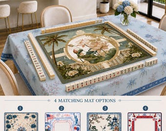 Blue Chinoiserie Mahjong Tablecloth, Floral Pagoda Table Cover, Light Blue Mahjong Table Mat, Americana Asian Fusion Waterproof Dining Cover