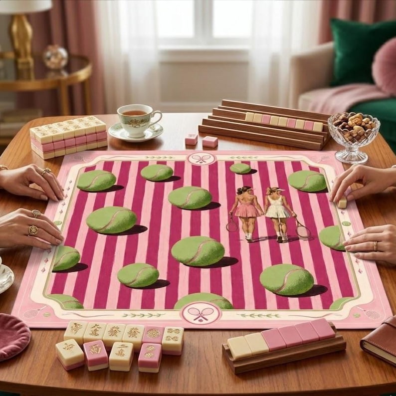 Puede incluir: Un juego de mesa con un tapete de rayas rosas y blancas, ilustraciones de pelotas de tenis verdes y dos figuras con ropa de tenis. El set incluye soportes de madera, fichas rectangulares en rosa y crema, y un cuenco de cristal.