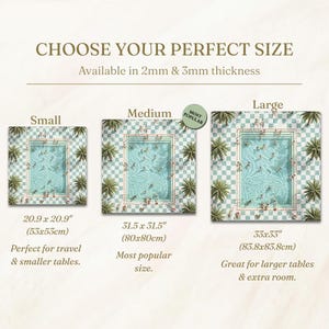 May include: Image showing three square placemats with a pool design, available in small (20.9 x 20.9 inches), medium (31.5 x 31.5 inches), and large (33 x 33 inches) sizes. The text reads "CHOOSE YOUR PERFECT SIZE".
