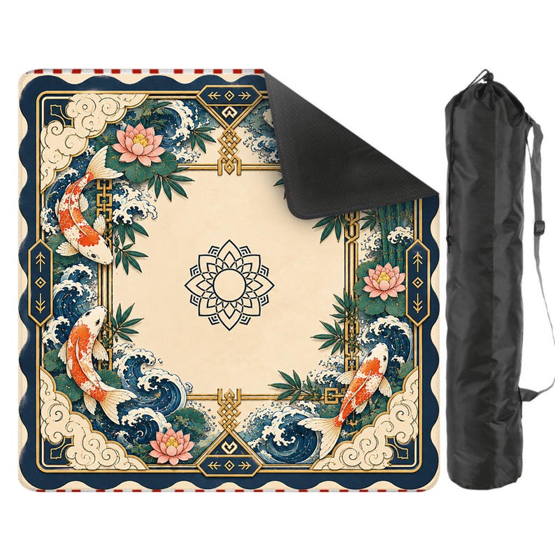 Elegant Koi-fiskdamm Mahjongmatta | Chinoiserie Amerikansk Mahjong Spelyta | Lotusblomma & Japansk Koi Design | Lyxig Mahjong-present bild 6