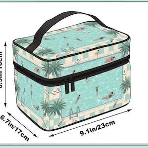 May include: A rectangular cosmetic bag with a black handle and zipper. The bag features a pool scene with people swimming and palm trees. It measures 9.1 inches long, 6.7 inches wide, and 6.3 inches high.