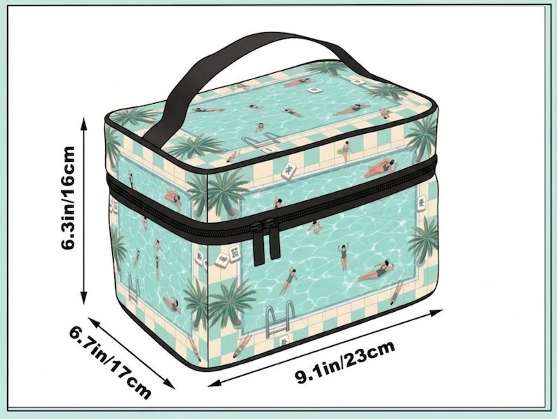May include: A rectangular cosmetic bag with a black handle and zipper. The bag features a pool scene with people swimming and palm trees. It measures 9.1 inches long, 6.7 inches wide, and 6.3 inches high.