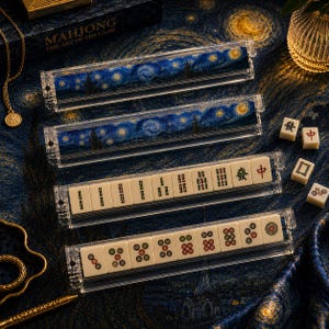 May include: Four clear acrylic mahjong tile racks. Two racks feature a blue and yellow starry night art print. The other two racks hold cream-colored mahjong tiles with black, red, and green symbols, including Chinese characters and circular patterns.
