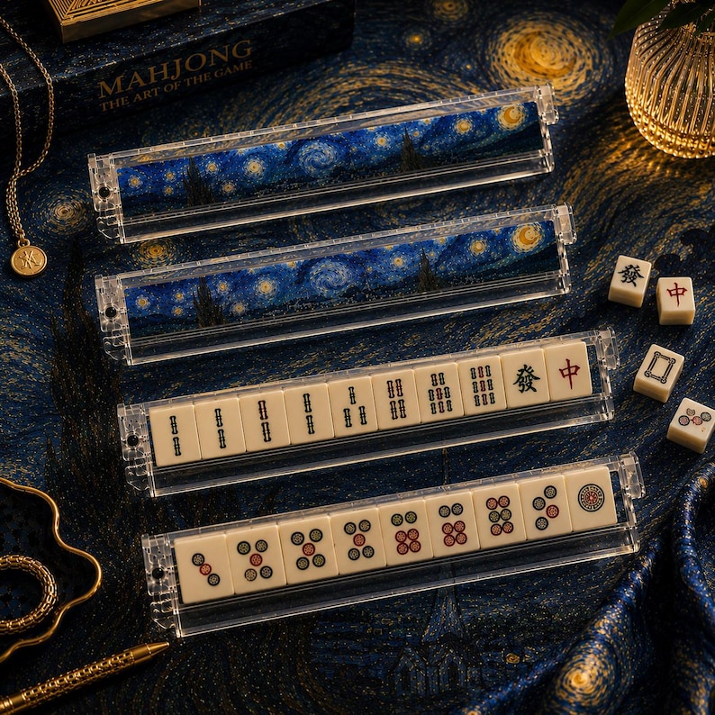 May include: Four clear acrylic mahjong tile racks. Two racks feature a blue and yellow starry night art print. The other two racks hold cream-colored mahjong tiles with black, red, and green symbols, including Chinese characters and circular patterns.
