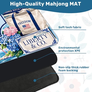 May include: A high-quality Mahjong mat with a design featuring a tote bag with "FREEDOM" text and an American flag, and a "LIBERTY & CO." sign. The mat has a soft tech fabric, environmental protection XPE, and a non-slip thick rubber foam backing.