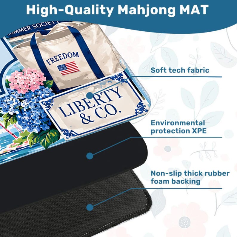 May include: A high-quality Mahjong mat with a design featuring a tote bag with "FREEDOM" text and an American flag, and a "LIBERTY & CO." sign. The mat has a soft tech fabric, environmental protection XPE, and a non-slip thick rubber foam backing.
