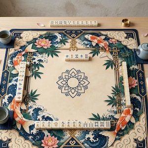 Elegant Koi-fiskdamm Mahjongmatta | Chinoiserie Amerikansk Mahjong Spelyta | Lotusblomma & Japansk Koi Design | Lyxig Mahjong-present bild 2