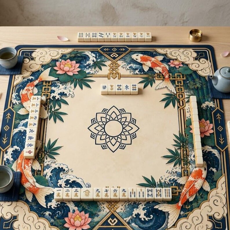 Elegant Koi-fiskdamm Mahjongmatta | Chinoiserie Amerikansk Mahjong Spelyta | Lotusblomma & Japansk Koi Design | Lyxig Mahjong-present bild 2