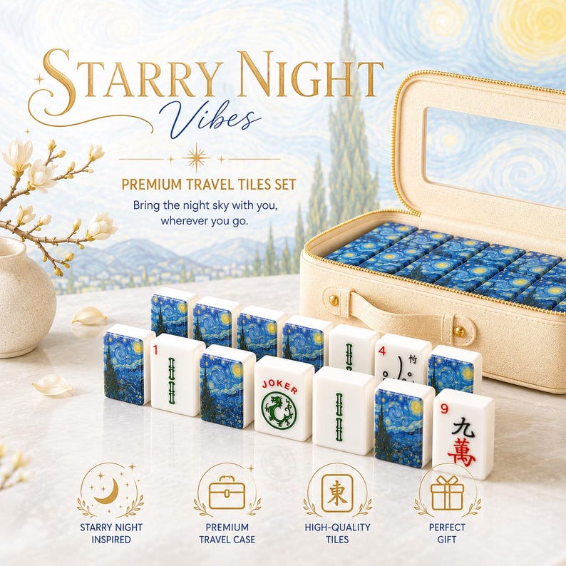 Starry Night Mahjong Tiles, 1.4"x1.0"x0.6" Luxury American Mahjong Mahjong Gift, Aesthetic Van Gogh Design Mahjong Tiles image 1