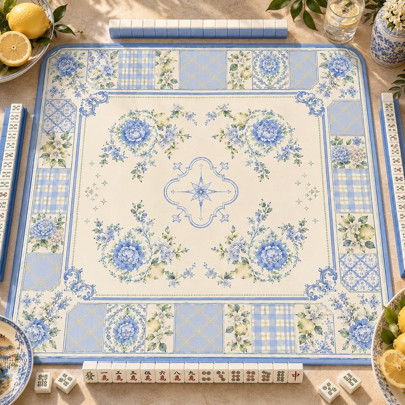 May include: A square mahjong game mat with a floral design in shades of blue and cream. The mat features a central floral motif and decorative borders with plaid and floral patterns. The set includes tiles and racks, creating a cohesive game setup.