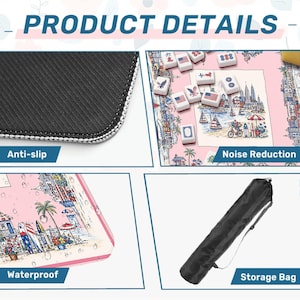 May include: A product details graphic featuring a mahjong mat with a pink beach scene, white mahjong tiles with American flag designs, a black anti-slip backing, and a black cylindrical storage bag with a shoulder strap for transport and storage.