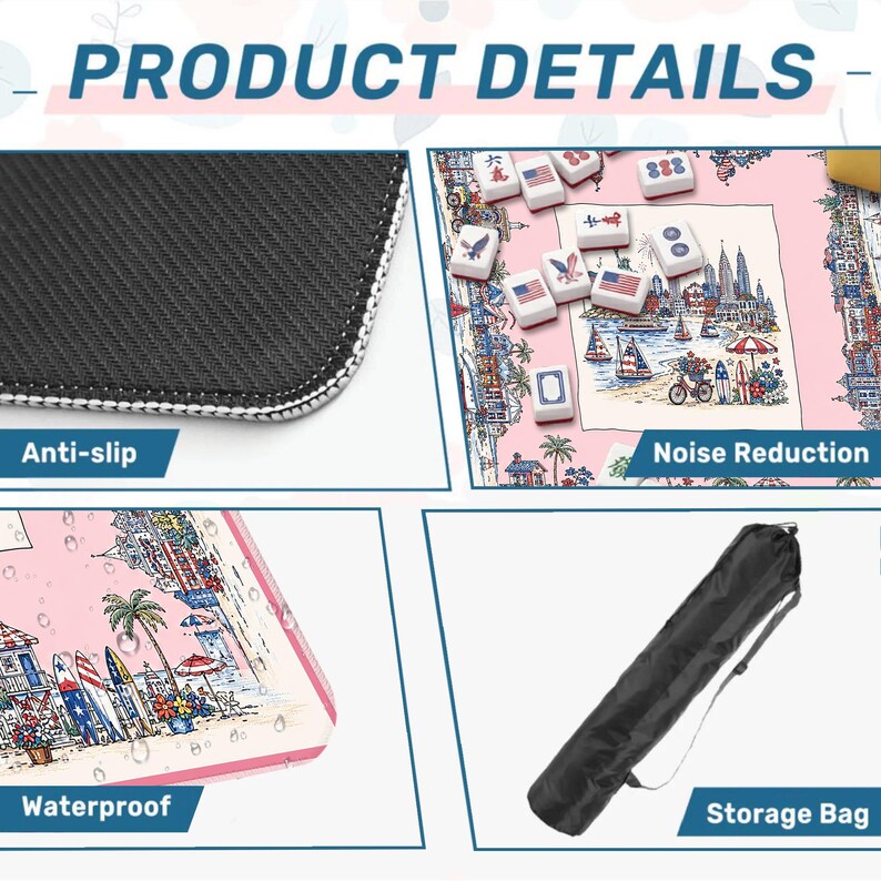 May include: A product details graphic featuring a mahjong mat with a pink beach scene, white mahjong tiles with American flag designs, a black anti-slip backing, and a black cylindrical storage bag with a shoulder strap for transport and storage.