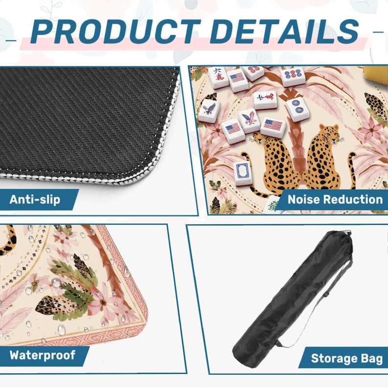 May include: Product details image showing an anti-slip, waterproof mat with a floral and leopard print design. The mat includes noise reduction and comes with a storage bag. The text "PRODUCT DETAILS" is at the top.
