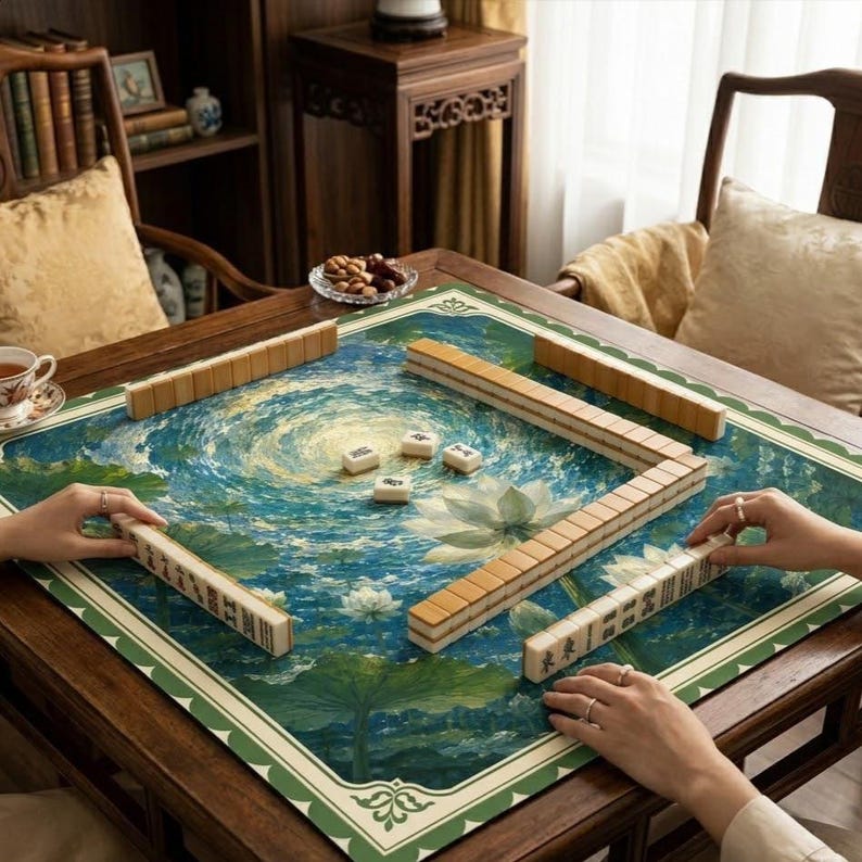 Op de afbeelding: Een vierkante mahjong-tafelmat met een print van een wervelende blauwe en groene vijver met witte lotusbloemen. De mat is omringd door rijen rechthoekige, ivoorkleurige mahjong-tegels, met vier extra tegels in het midden geplaatst.