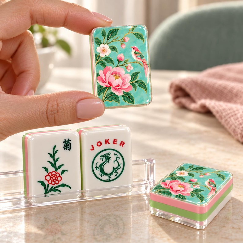 May include: A rectangular mahjong tile featuring a teal background with a pink peony flower, green leaves, and a small bird. Two other tiles are visible, one with a green dragon and the word JOKER, and another with a red flower and black text.