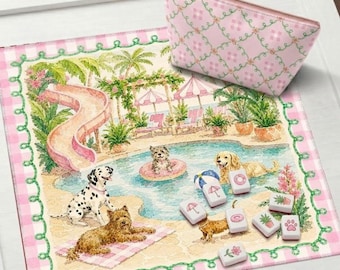 Whimsical Dog Art Mahjong Mat – Pool Party Design – Mahjong Gift for Dog Lovers – Non-Slip Table Protection Cover, SHIPS ROLLED