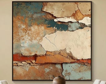 Textured Abstract Canvas Art, Teal Rust Cream Patina Painting, Vintage Industrial Style