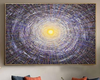 Pintura al óleo original de vórtice cósmico: arte de túnel de galaxia púrpura, decoración de portal de luz estelar.