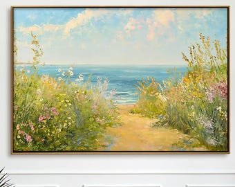 Coastal Landscape Painting Wildflower Path to Sea Impressionist Canvas Beach Wall Art Decor