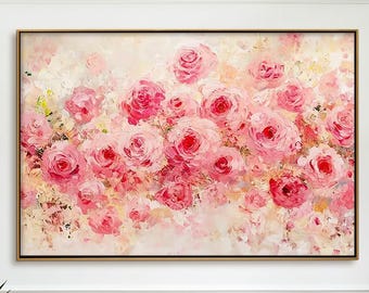 Pink Roses Painting Textured Floral Canvas Romantic Wall Art Blush Pink Decor