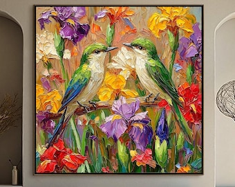 Green Birds Colorful Iris Painting Impasto Textured Floral Canvas Modern Wall Art