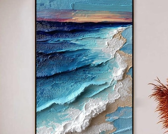 Impasto Ocean Painting, Textured Seascape Art ,Deep Blue Teal & Sand, Coastal Wall Decor for  Home