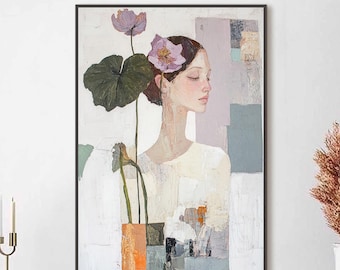 Pintura al óleo de una elegante mujer de loto, arte abstracto moderno en lienzo.