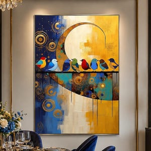 Tableau d'oiseaux colorés sur fil de fer, grande œuvre d'art abstraite à la feuille d'or, toile moderne bleue et jaune, décoration fantaisiste soleil et lune, œuvre d'art familiale