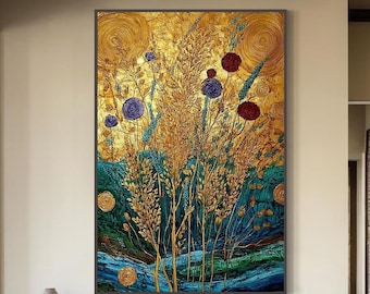 Goldene Wiese Ölgemälde: 3D-Strudelhimmel, lila Blumen, Impasto-Textur, vertikale Kunst