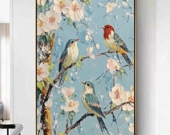 Birds Cherry Blossom Painting Impasto Textured Blue Spring Canvas Wall Art Decor