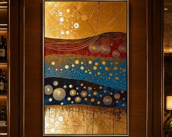 Abstract Gold Band Oil Painting - Geometric Circle Art, Red Blue Layered Decor, Metallic Pattern Wall Art, Luxury Home Gift