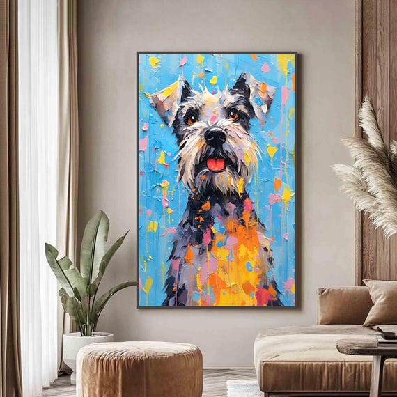 Colorful Schnauzer Oil Painting, Playful Pet Portrait, Vibrant Animal Art