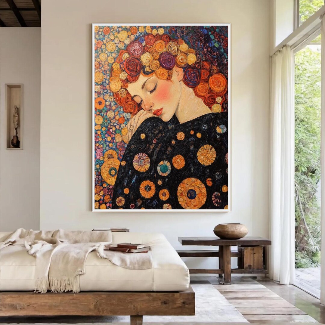 Dreamy Woman Flower Crown Oil Painting, Floral Bohemian Art Portrait ...