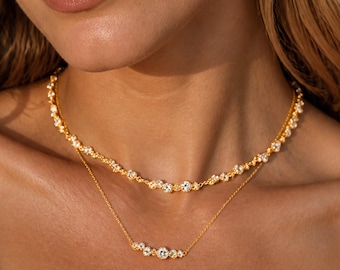 Gold Layered Schmuck Choker + Schlüsselbein Halskette mit passenden Creolen 14k Gold Filled jeden Tag Sparkle Set Geschenk für Sie