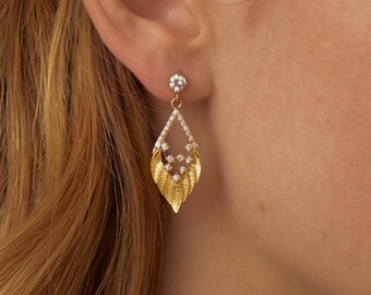 Diamant bladgoud drop oorbellen getextureerde geborsteld gouden druppel sierlijke effenen kristallen hangoorbellen geïnspireerde bruiloft sieraden cadeau voor haar
