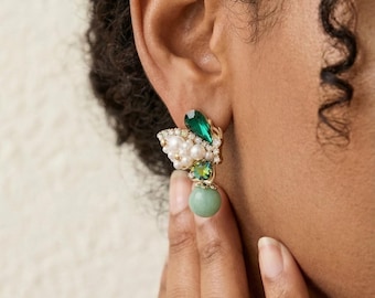 Elegante Grüne Edelsteinperle Schmetterling Ohrringe | Handgefertigte Luxus Schmuck Kristalle Ohrstecker Hoop baumeln Tropfen Ohrringe Besondere Anlässe Geschenk für Sie