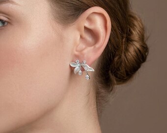 Artisan Silber Blumen Zierliche Diamant Tropfen Ohrringe Handgemachte Elegante Ohrringe Creolen Zierliche Kristall Schmuck Hochzeitsgeschenk für Sie