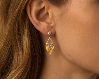 Diamant Gold Blatt Tropfen Ohrringe gebürstet Gold Teardrop zierliche pflastern Kristall baumeln Ohrringe inspiriert Hochzeit Schmuck Geschenk für sie