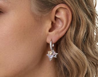 Einzigartige, von Fuchs inspirierte Tropfen Ohrringe mit Lavendel, Amethyst und Pfirsich Kristall, zierliche Silber Pave Huggie Hoop, wunderliches himmlisches Geschenk für Sie
