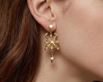 Gold Starburst Tropfen Ohrringe Celestial Star baumeln Ohrstecker Vintage Gold CZ Stern Charm Ohrringe Regency Core Brautschmuck Geschenk für sie