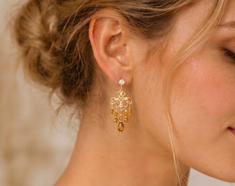 Vintage Citrin Kronleuchter Ohrringe Gold Filigree Bernstein Teardrop Tropfen Ohrringe Braut baumeln Ohrringe Hochzeit Brautjungfer Kristallohrring